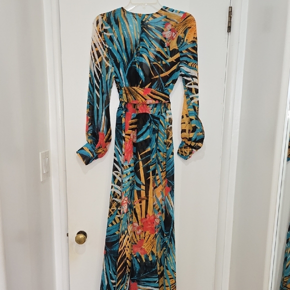 Vibrant Long Sleeve Tropical Sheer Plunging Neck Maxi Dress - Picture 6 of 6